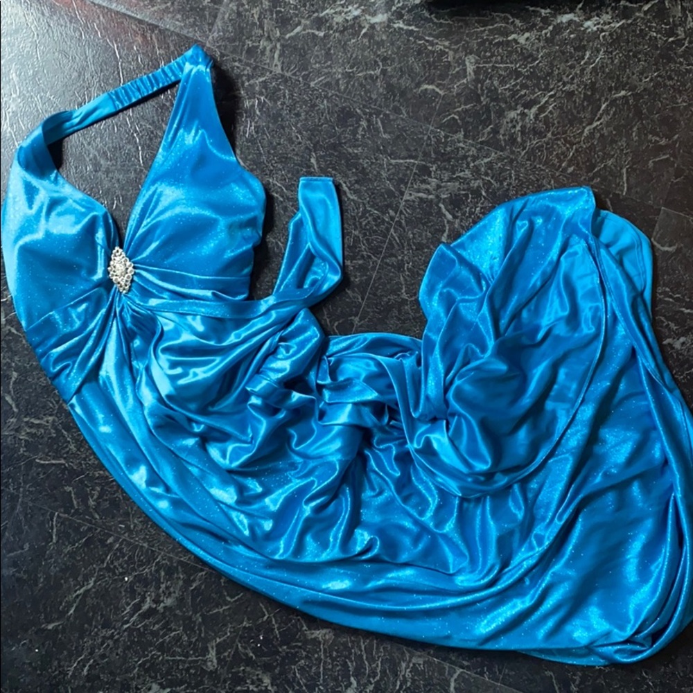 Sparkly bright blue backless formal prom dress